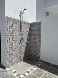 a shower in a bathroom with a tiled wall at Studio Rouge Cosy à Dar Lili Djerba in Mezraya