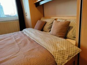 1 dormitorio con cama con almohadas y ventana en NEXUS FORTUNA, en Miercurea-Ciuc