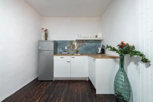 a kitchen with a refrigerator and a vase with flowers in it at House Old Town Dubrovnik in Dubrovnik