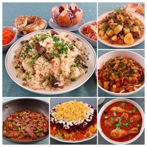 un collage de photos de différents plats alimentaires dans l'établissement Happy Flower Guesthouse, à Verkhnyaya Alaarcha