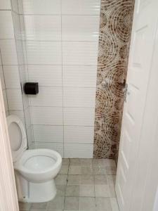 a bathroom with a toilet and a tiled wall at Comfy Haven -Rustic studio apartment in Donholm in Nairobi