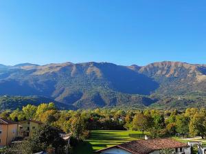 Blick auf eine Bergkette mit Bäumen und Häusern in der Unterkunft Hotel Oliva in Aviano