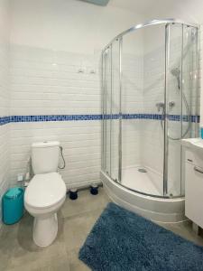 a bathroom with a toilet and a shower and a sink at Solne Apartamenty Luna in Wieliczka