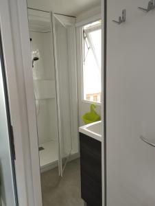 a bathroom with a shower and a sink at MobilHome Les Dunes de Contis in Saint-Julien-en-Born