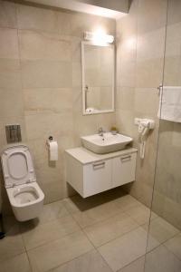 a bathroom with a toilet and a sink and a mirror at PS Apartments in Ohrid