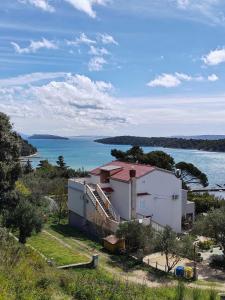 una casa en una colina junto a un cuerpo de agua en Family Deluxe Apartment Mirjana en Kampor