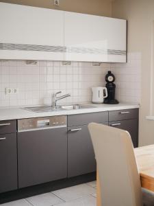 a kitchen with a sink and a table at Appartement Meyer-Ernzen in Echternach