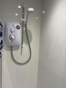 a shower in a bathroom with a blow dryer at Seaview Apartment with parking in Exmouth