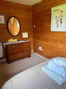 a bedroom with a bed and a mirror and a dresser at Wooden Cottage with lake view in Enniskillen