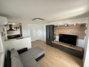 a living room with a couch and a flat screen tv at Apartman Mate in Novigrad Dalmatia