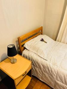 1 dormitorio con 1 cama y 1 mesa con lámpara en Guest House GAAM Las Condes, en Santiago