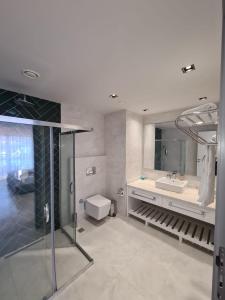 uma casa de banho com um chuveiro, um lavatório e um WC. em Delice Mavi em Ildır