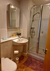 y baño con lavabo y ducha. en Beautiful Marina Apartment with private garden, flexible bedrooms with zip & link beds, en Gosport