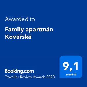 Certifikát, hodnocení, plakát nebo jiný dokument vystavený v ubytování Family apartmán Kovářská