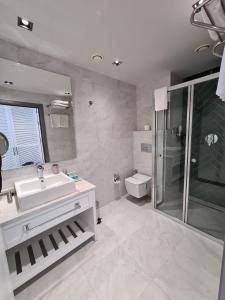 een badkamer met een wastafel, een douche en een toilet bij Delice Mavi in Ildır