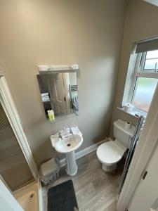 uma casa de banho com um lavatório, um WC e um espelho. em Ballylee em Galway