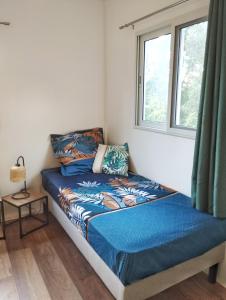 um quarto com uma cama com lençóis azuis e uma janela em Kaz Kalina - Gîtes avec piscine partagée em Bouillante
