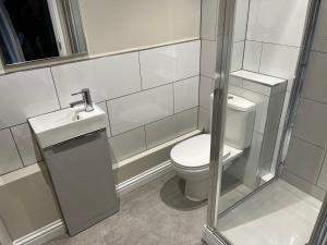 a bathroom with a toilet and a sink at 5 Bed Camberley Airport Accommodation in Camberley +28 photos