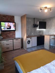 uma sala de estar com uma cozinha e uma televisão na parede em Pokoje Gościnne FABIO em Chojnice