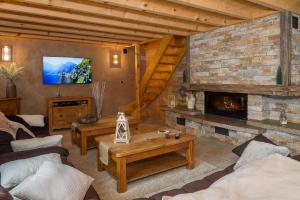 un soggiorno con camino e TV di Anna - Chalet - BO Immobilier- Châtel -remises sur les forfaits de skis Châtel ou Portes du soleil a Châtel Altre 8 foto