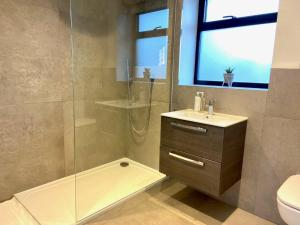 a bathroom with a shower and a sink and a toilet at Luxury 2 bed home in Stagsden