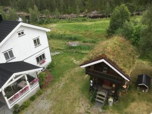 an aerial view of a house with a grass roof at Lie Hytteutleige -Gjestegård - Thor Fine Art 3 hytte enheter in Åmdals Verk