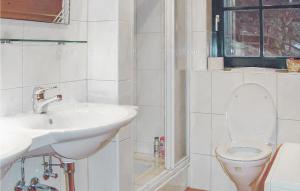 biała łazienka z umywalką i toaletą w obiekcie Schoenes Ferienhaus w mieście Radenthein