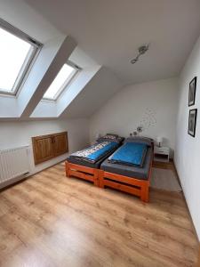 a bedroom with a bed in a room with skylights at Ubytování v soukromí na Vysočině 