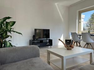 sala de estar con sofá y TV en Luxus City Apartment, en Baden-Baden