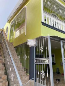 a dog is standing outside of a yellow building at Tropical Inn Spacious 1 bed Apartment stunning rooftop terrace in San Felipe de Puerto Plata