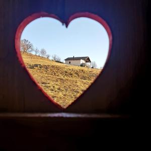 a heart in a field with a house in the background at Tranquil cottage in Banská Štiavnica mountain in Uhliská