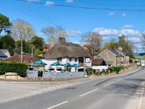 a building with a thatched roof on a street at En-Suite rooms, Colyford in Colyford