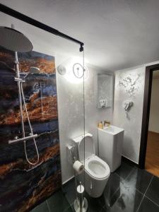 łazienka z toaletą i obrazem na ścianie w obiekcie Vila Karina w mieście Teşila