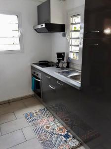 eine Küche mit einem schwarzen Kühlschrank und einer Spüle in der Unterkunft Studio Colibri Baie-Mahault in Baie-Mahault