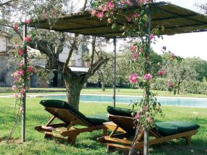 - deux chaises longues sous un kiosque orné de fleurs roses dans l'établissement Tenuta le Viste - panoramic Villa, à Scandicci