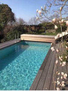 a swimming pool with a bench and blue water at Ferienwohnung Apartment Doppelzimmer in der Villa Naturpark Rheinblick, ruhig, Aussicht, Pool in Koblenz