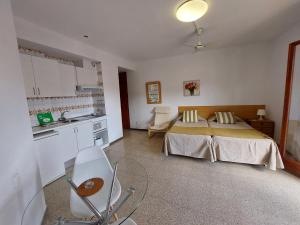 a hotel room with a bed and a kitchen at Apartamentos El Sol in Tossa de Mar