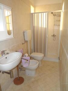 een badkamer met een wastafel, een toilet en een douche bij casa rosa in Tiggiano