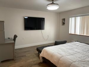 een slaapkamer met een bed en een flatscreen-tv bij Modernized Studio Apartment in Gadsden, AL in Gadsden