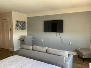 a living room with a couch and a flat screen tv at Innovative Studio Apartment in Gadsden