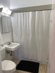 a bathroom with a white shower curtain and a sink at Innovative Studio Apartment in Gadsden