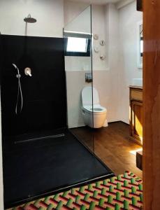 a bathroom with a toilet and a glass wall at Elite apartment in Limenaria