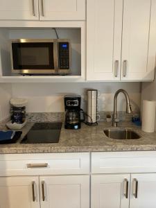 a kitchen counter with a microwave and a sink at Lovely Micro Studio Apartment in Downtown Gadsden in Gadsden