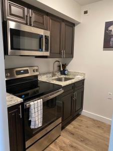 cocina con fogones negros y fregadero en Sophisticated studio apartment in Gadsden, AL, en Gadsden