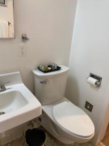 a white bathroom with a toilet and a sink at Sophisticated studio apartment in Gadsden, AL in Gadsden