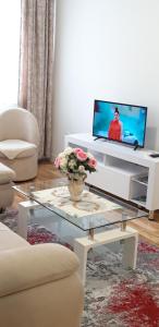 uma sala de estar com uma televisão e uma mesa de café em vidro em Apartman A1 em Bijeljina