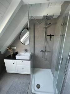 y baño con ducha y lavamanos. en Nordseetraum - Ferienhaus Wolke, en Friedrichskoog