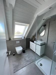baño con aseo y lavabo y ventana en Nordseetraum - Ferienhaus Wolke, en Friedrichskoog