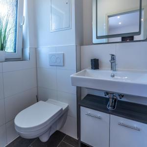een witte badkamer met een toilet en een wastafel bij IMMOCITY Apartments in Griesheim