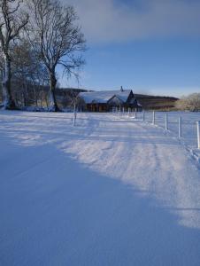 een met sneeuw bedekt veld met een hek en een huis bij Loughcrew View Bed and Breakfast in Kells